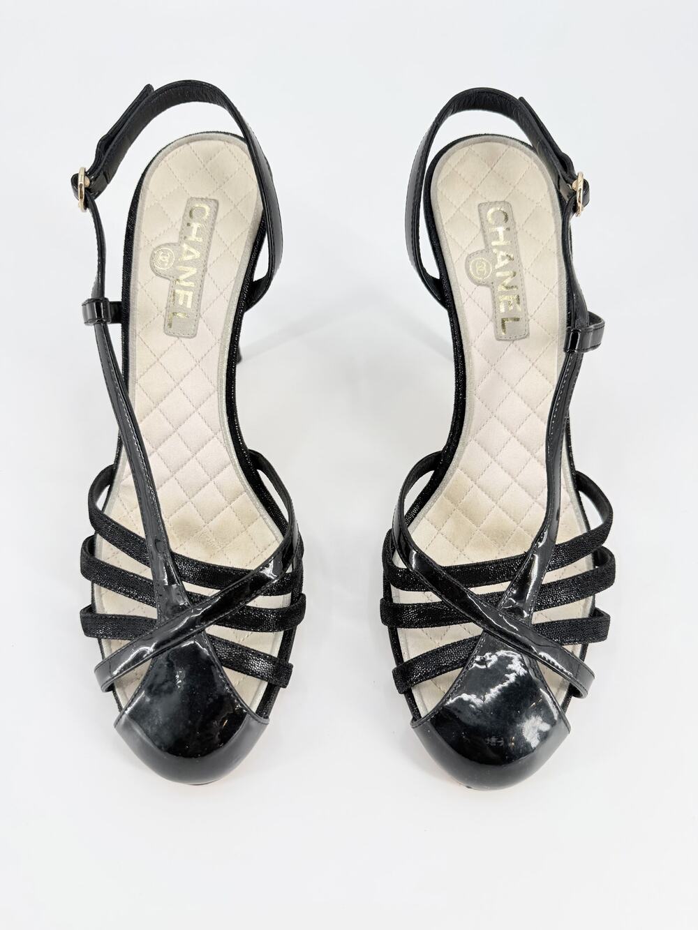 Chanel Black Patent Leather Quilted Insole Slingback Heels Pumps Size 39.5